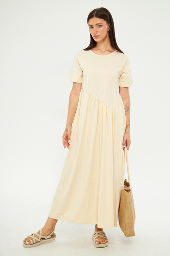 ESPİNA Cupra Short Sleeve Maxi Dress - Acid Washing Effect and Drawstring