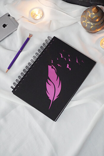 markcat Black Wooden Covered Feather Notebook with Birds - Unlined, A5 Notebook for Diary and Agenda