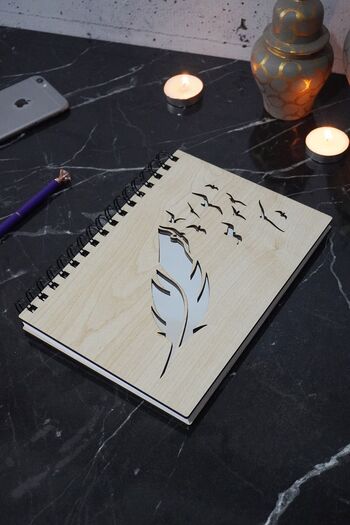 markcat Wooden Notebook - Bird Feather Pattern, 120 Pages Unlined, Gift A5 Notebook