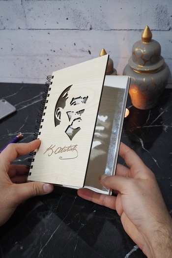 markcat Mustafa Kemal Atatürk Wooden Notebook - A5 Spiral, Unlined Diary School Notebook