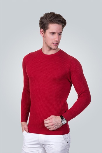 Tudors Men's Standard Fit Regular Cut Crew Neck Honeycomb Patterned Red Knitwear Sweater