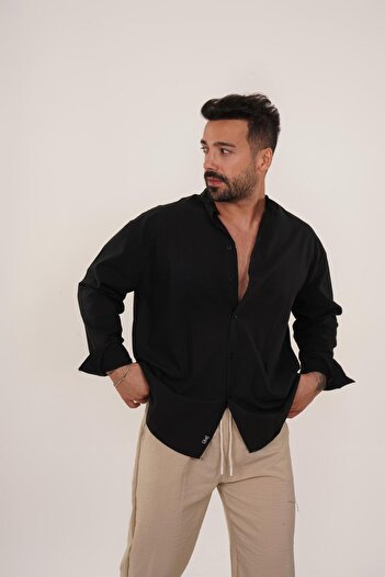 SCSARVİN Linen Shirt - Black, High Collar, TB Model
