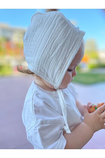 runbaby Çift Kat Müslin Çift Taraflı Bebek Bonnet Şapka (3-12 AY) - Ekru
