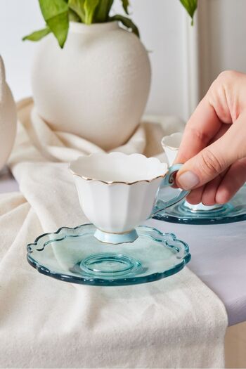 Karaca Samo Turquoise Coffee Cup Set for 2 People with Acrylic Plate 90 ml