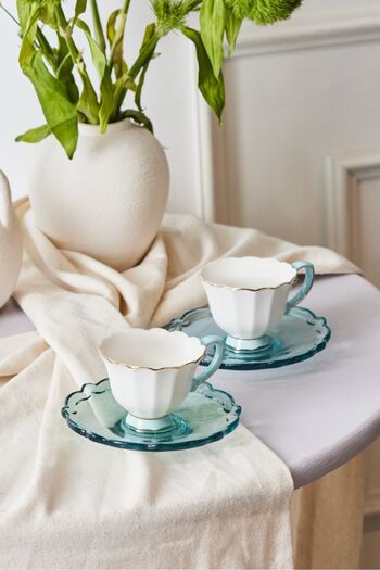 Karaca Samo Turquoise Coffee Cup Set for 2 People with Acrylic Plate 90 ml