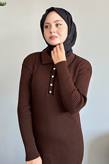 InStyle Bitter Brown Knitwear Dress - Ribbed Collar