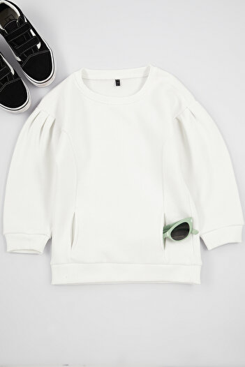 TRENDYOLKIDS Girl's Ecru Knitted Sweatshirt - Sleeve Drawstring and Pocket Tkdaw25Sw00025