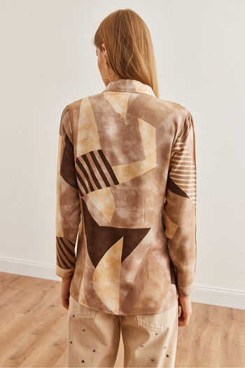 Olalook Geometric Patterned Viscose Women's Shirt - Long Sleeve, Flowy, Brown Gml- 19001234