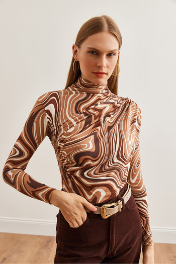 Olalook Women's Drape Detailed Brown Cream Blouse - Blz- 19002712