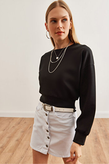 Olalook Black Modal Buttoned Women's Crop Sweatshirt - Swt- 19000653