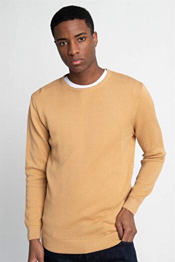 Tudors Beige Yellow Honeycomb Patterned Slim Fit Knitwear Men's Sweater - Crew Neck