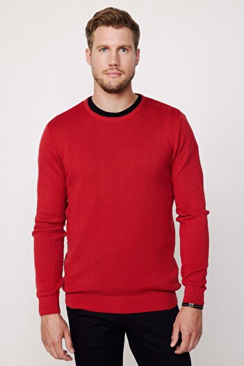 Tudors Men's Slim Fit Slim Fit Crew Neck Honeycomb Pattern Red Knitwear Sweater