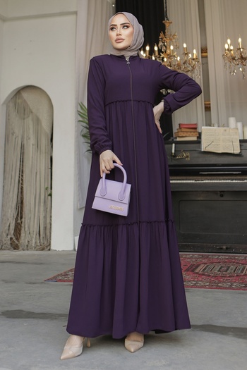 InStyle Gathered Detail Zippered Abaya - Plum