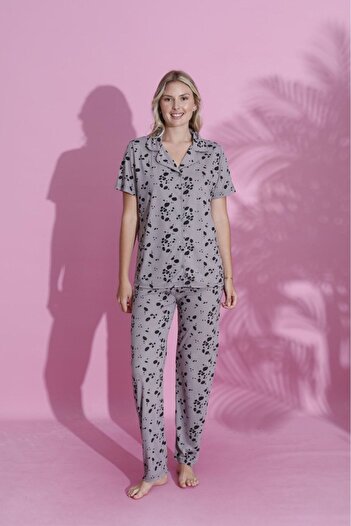 PİJAMOOD Women's Printed Short Sleeve Cotton Front Buttoned Pajamas Set