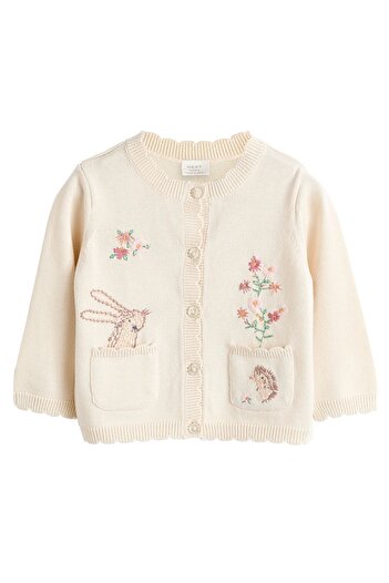 Next Baby Cream Colored Rabbit Embroidered 100% Organic Cotton Children's Cardigan - Aly01755