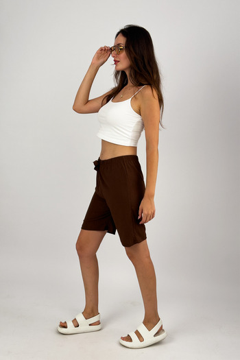 Betimoda Women's Elastic Waist Wide Leg Oversize Wrap Fabric Shorts Brown