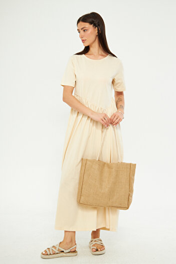 ESPİNA Cupra Short Sleeve Maxi Dress - Acid Washing Effect and Drawstring