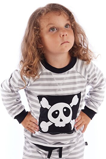 Colorinas Baby Striped Skull Printed Unisex Combed Cotton Sweatshirt