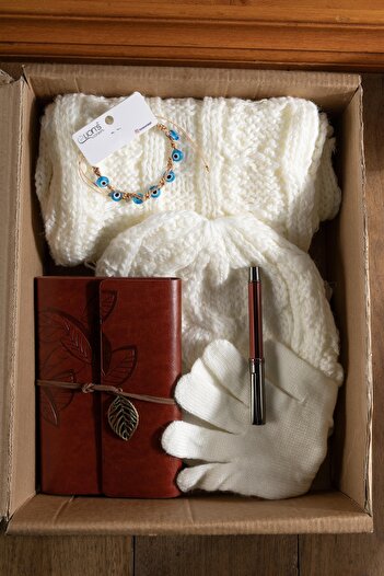 Huge Home White Scarf, Beret, Gloves Gift Set, Winter Gift Set with Leather Notebook