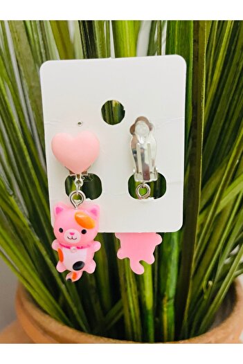 1PARÇAMAVİ Heart Earrings - Pink Cat Clip Children's Earrings - Non-Perforated Earrings