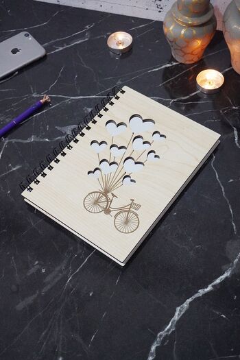 markcat Wooden Notebook - Bicycle, Balloon Pattern, Unlined, A5 Spiral, Gift High School