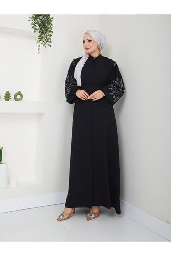 MODAMERSİ Black Stone Detailed Women's Abaya Ferace