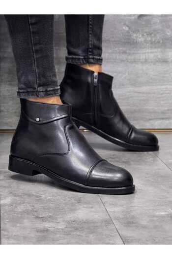 Weynes Men's Black Orthopedic Leather Boots - Single Button Detailed, Comfortable Daily Wsb1040