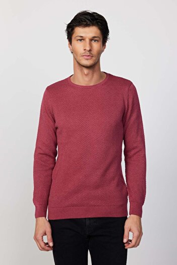 Tudors Erkek Slim Fit Dar Kesim Bisiklet Yaka Petek Desenli Bordo Triko Kazak