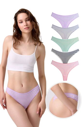 Cottonhill Pack of 5 Cotton Striped Camisole Women's Thong Panties