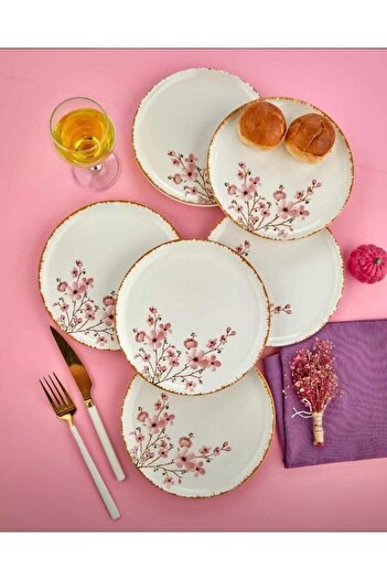 Erbaşlar Lüx Seramik Sakura Desen 6 Kişilik Pasta Seti Servis Tabağı