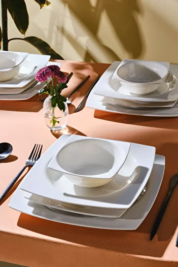 Karaca Square Bone Royal White 24-Piece Dining Set for 6 People
