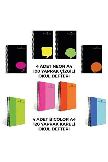 Faber Castell Spiral Plastic Cover Neon-Bicolor 8-Piece Notebook Set (4 Pieces Lined - 4 Pieces Checkered)