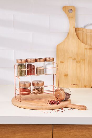 Karaca Set of 8 Ball Copper Spices - with Stand and Glass