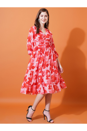 U&F By Styli Floral Print V Neck Tiered Midi Dress