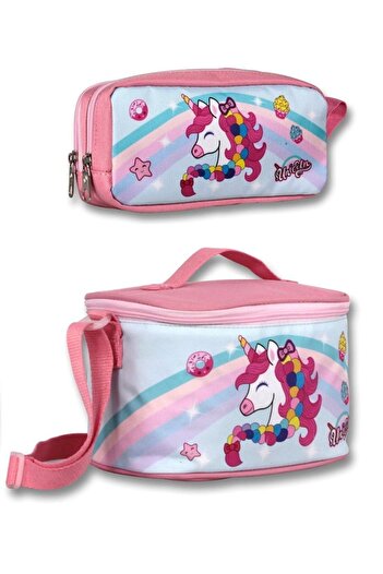 ÜMİT ÇANTA Ümit Bag Girl's Insulated Lunch Bag and Pen Holder Set - Pink Unicorn