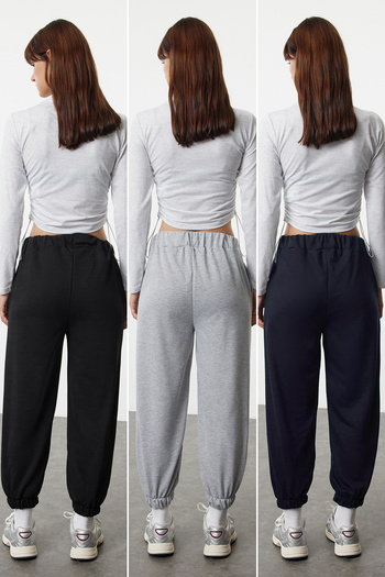 Trendyol Collection Black-Navy-Grey Melange 3 Pack Basic Jogger Stretchy Knitted Sweatpants Pants Twoaw25Ea00022