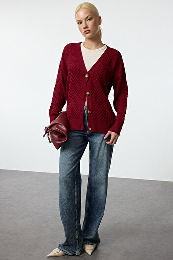 Trendyol Collection Claret Red Basic Knitwear Cardigan - Wide Fit TWOAW22HI0423
