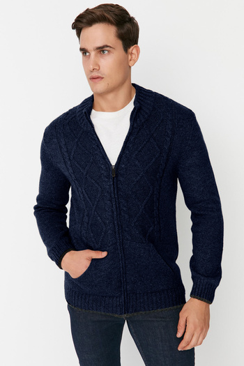 Trendyol Collection Navy Blue Wool Baklava Knitwear Cardigan - Half Turtleneck Tmnaw21Hi0349