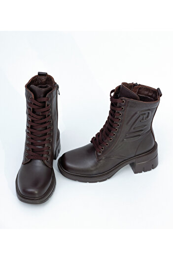 Bulls & Gulls Women's Winter Genuine Leather Heeled Zippered Lace-up Boots