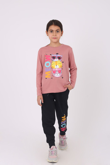 Çiggo Kids Girl's Cotton Under-top Set - Meow Cat Print, Crew Neck, Long Sleeve