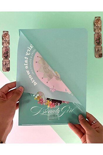 Kağıt Gemi Dükkan A4 Girl Patterned Green L Type Compartment File
