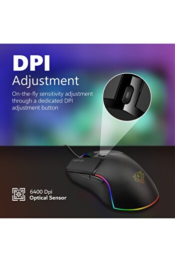 VERTUX Oyuncu Mouse Gecikmesiz Hassas Oyun Özel Led Işıklı 6.400 Dpı - Argon