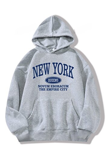 PALPİTO NY Queens Принт Unisex Сірий Худі Світшот - 3 Нитки з Капюшоном