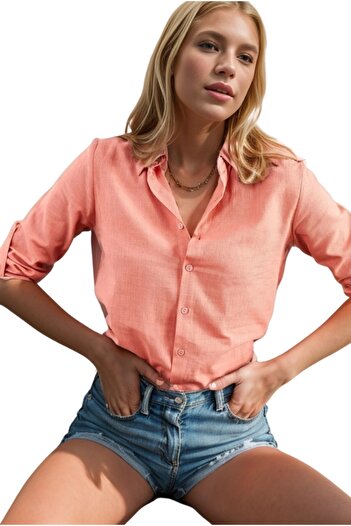 Cassime Light Pink Linen Women's Long Shirt - Folded Sleeve and Buttoned Collar
