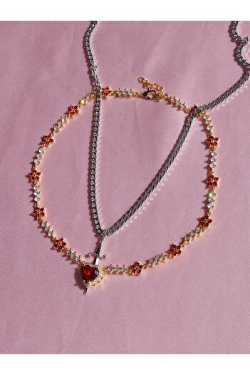 Reorah Collection Pamuk Prenses ve Avcı Kırmızı Çiçekli Choker - Çift Kolyesi-Altın Kaplama(Kalp)-Gümüş Kaplama(Kılıç)