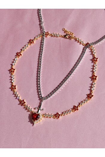 Reorah Collection Pamuk Prenses ve Avcı Kırmızı Çiçekli Choker - Çift Kolyesi-Altın Kaplama(Kalp)-Gümüş Kaplama(Kılıç)