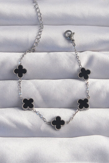 Moka Shopin Mokashopin 316l Black Silver Colored Steel Baby Bracelet - Enameled Clover
