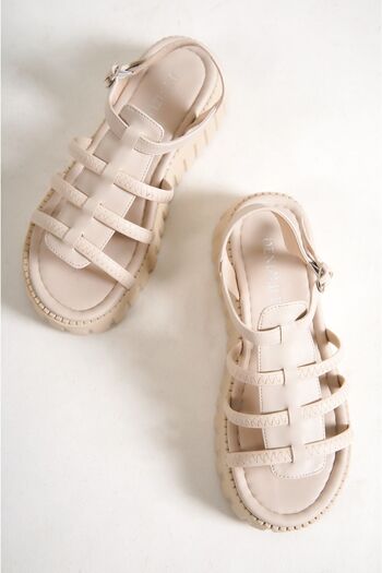 DENİZLİFE Miami Beige High Sole Side Buckle Open Front Summer Women's Sandals Shoes