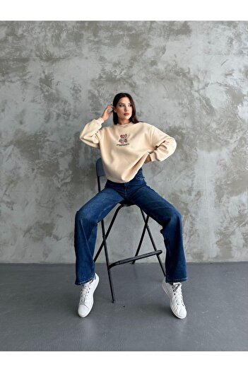 S&A Collectionn Unisex Κεντημένο αρκουδάκι Oversize βαμβακερό φούτερ - Crew Neck