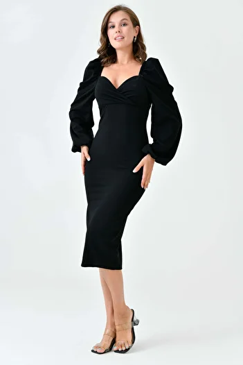 WOMAN VISION Rochie midi neagră cu guler dublu și detaliu cu mânecă cu balon - țesătură creponată elastică 581915